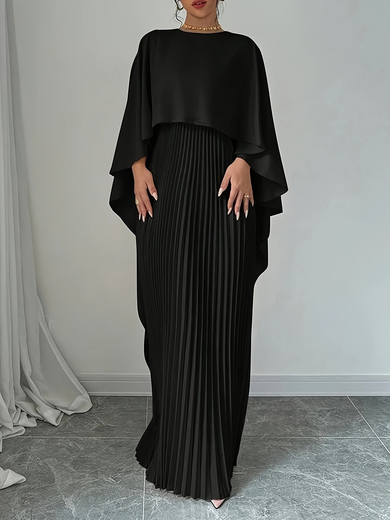 Flowing Long Skirt Elegant Solid Color Pleated Dress with Faux Two-Piece Design, Suitable for Banquets
